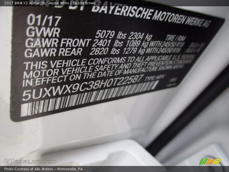 Alpine White / Saddle Brown 2017 BMW X3 xDrive28i