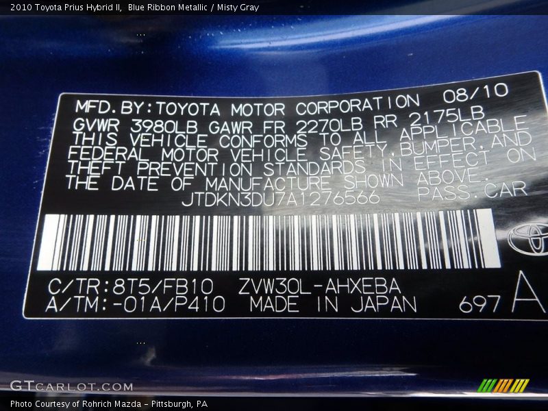 Blue Ribbon Metallic / Misty Gray 2010 Toyota Prius Hybrid II