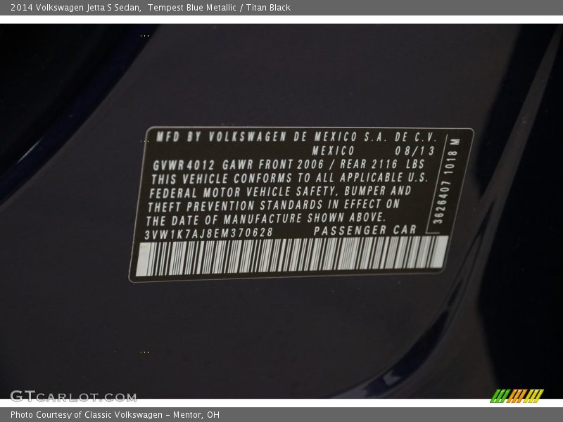 Tempest Blue Metallic / Titan Black 2014 Volkswagen Jetta S Sedan