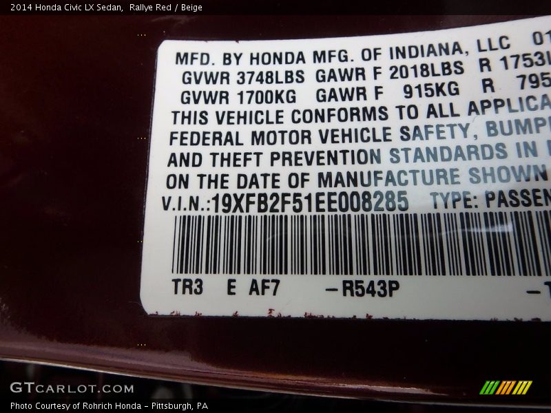 Rallye Red / Beige 2014 Honda Civic LX Sedan