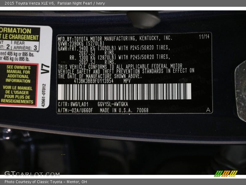 Parisian Night Pearl / Ivory 2015 Toyota Venza XLE V6