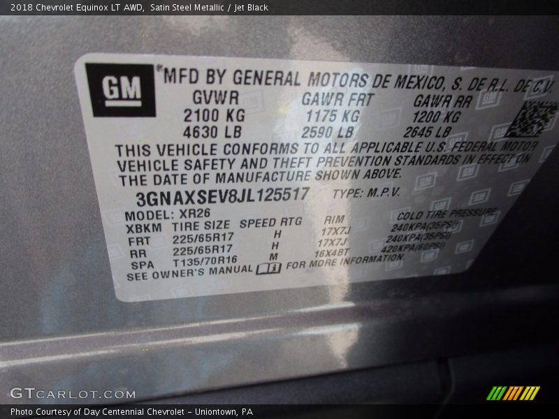 Satin Steel Metallic / Jet Black 2018 Chevrolet Equinox LT AWD