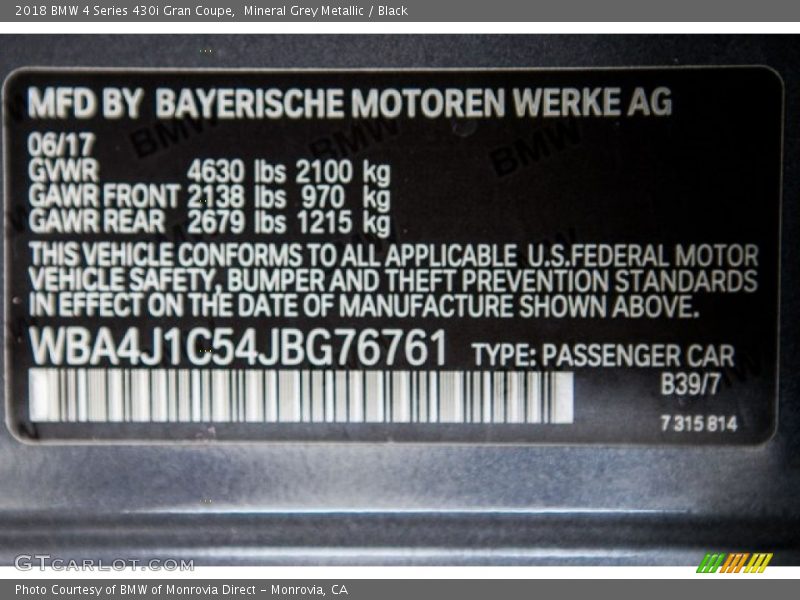 Mineral Grey Metallic / Black 2018 BMW 4 Series 430i Gran Coupe