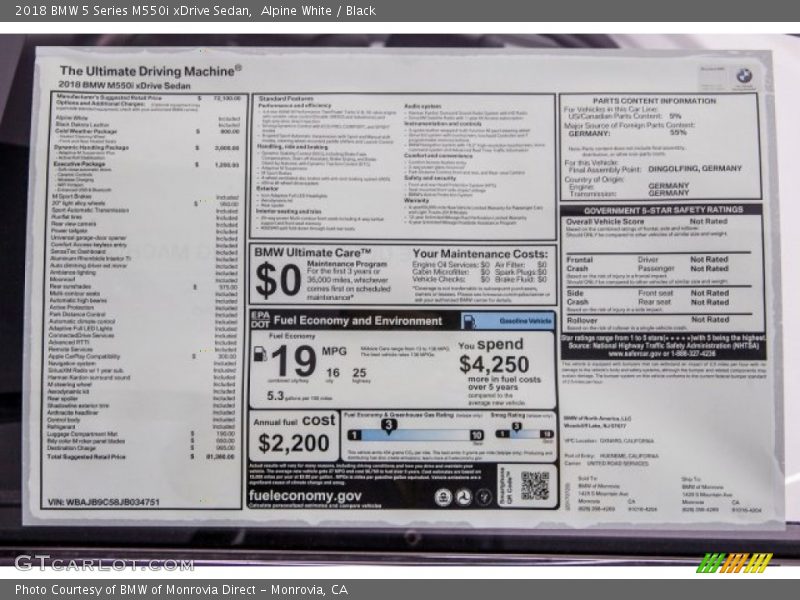  2018 5 Series M550i xDrive Sedan Window Sticker