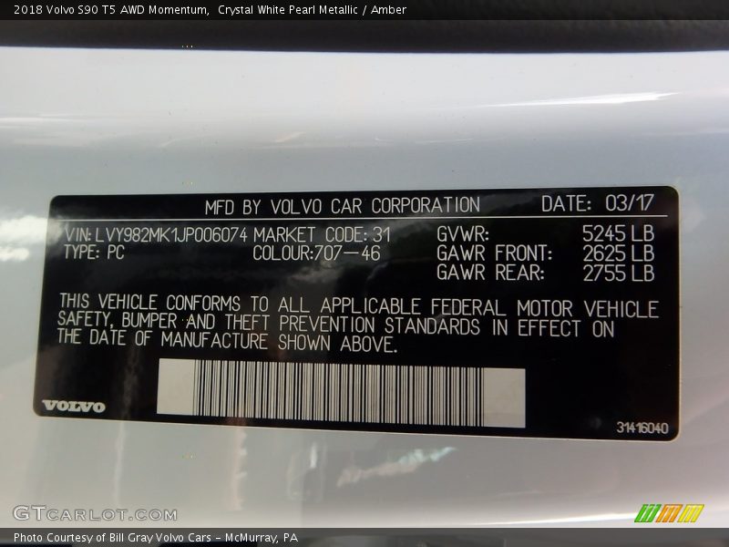 Crystal White Pearl Metallic / Amber 2018 Volvo S90 T5 AWD Momentum