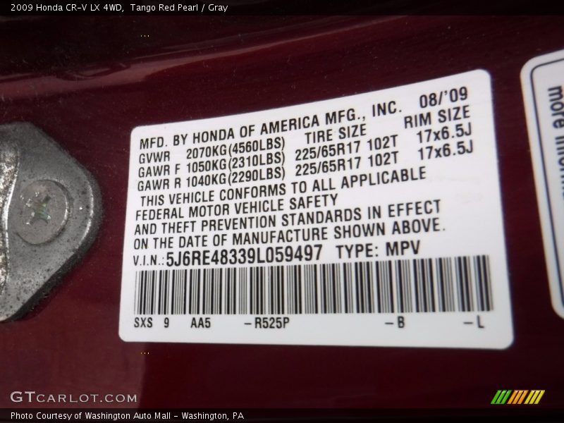 Tango Red Pearl / Gray 2009 Honda CR-V LX 4WD