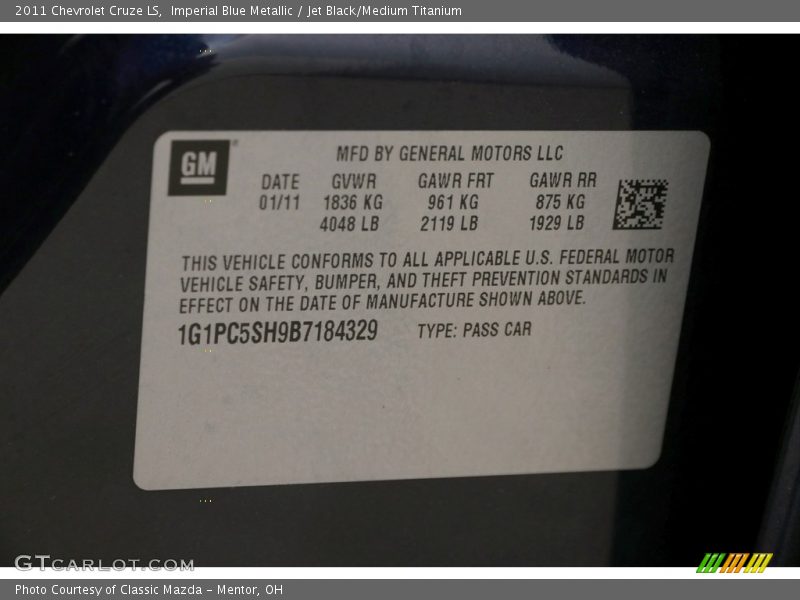 Imperial Blue Metallic / Jet Black/Medium Titanium 2011 Chevrolet Cruze LS