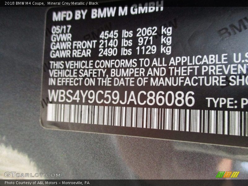 Mineral Grey Metallic / Black 2018 BMW M4 Coupe