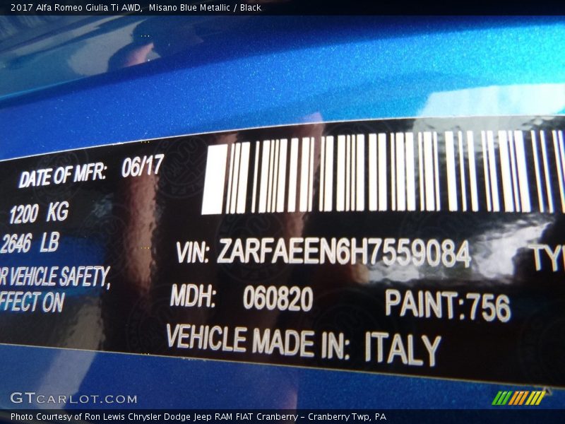 2017 Giulia Ti AWD Misano Blue Metallic Color Code 756