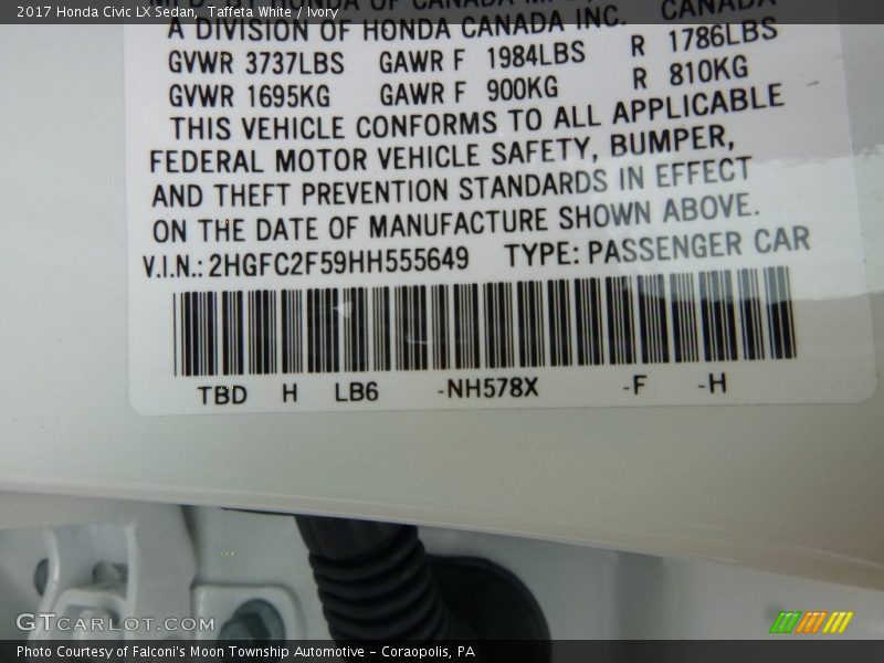 Taffeta White / Ivory 2017 Honda Civic LX Sedan