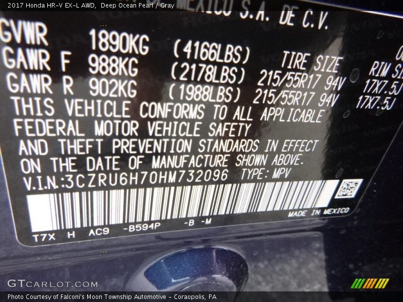 Deep Ocean Pearl / Gray 2017 Honda HR-V EX-L AWD