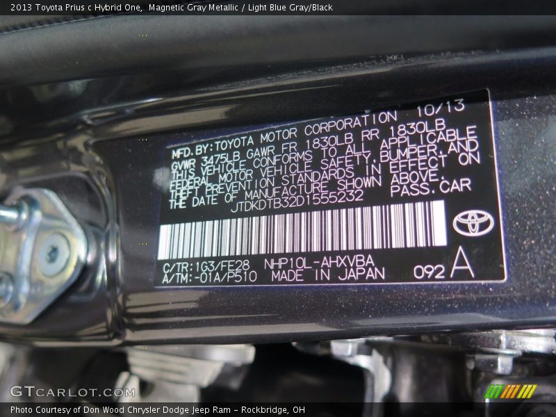 2013 Prius c Hybrid One Magnetic Gray Metallic Color Code 1G3