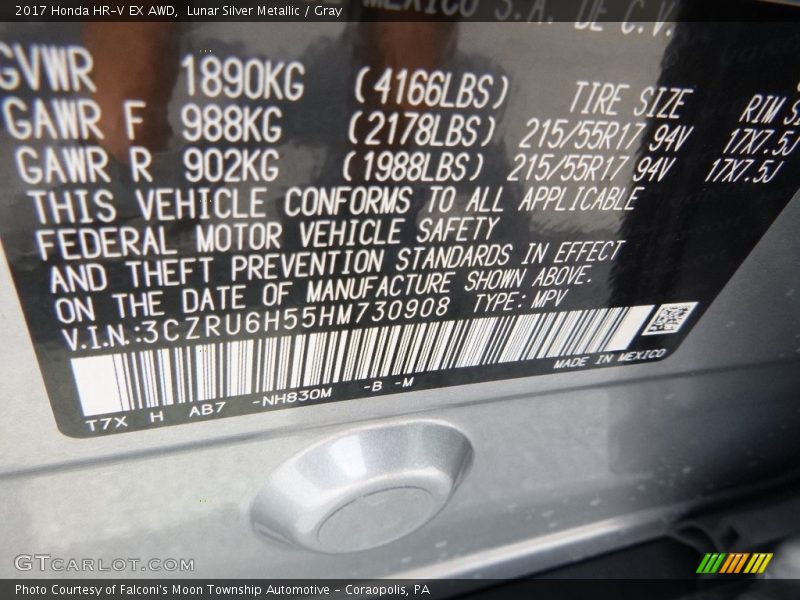 Lunar Silver Metallic / Gray 2017 Honda HR-V EX AWD