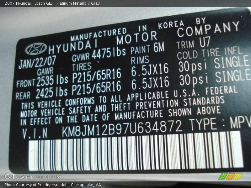 Platinum Metallic / Gray 2007 Hyundai Tucson GLS