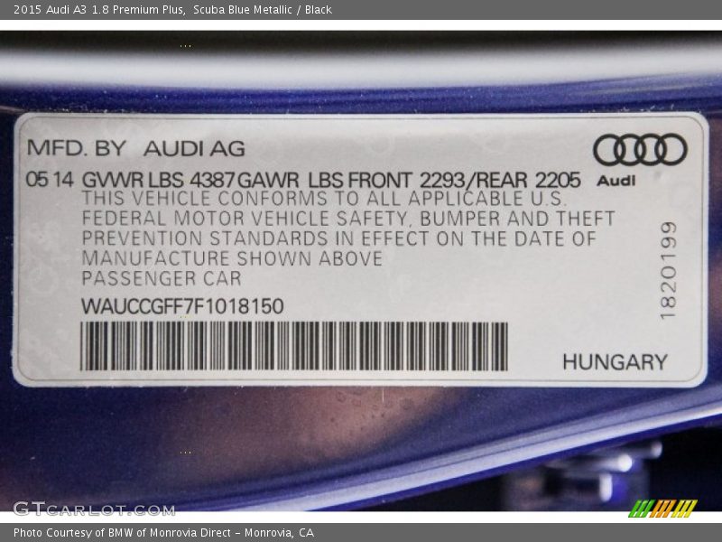 Scuba Blue Metallic / Black 2015 Audi A3 1.8 Premium Plus