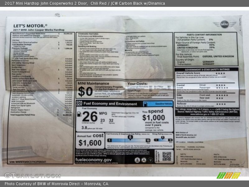  2017 Hardtop John Cooperworks 2 Door Window Sticker