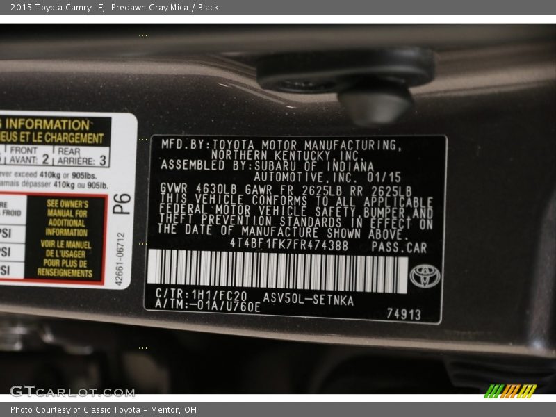 Predawn Gray Mica / Black 2015 Toyota Camry LE