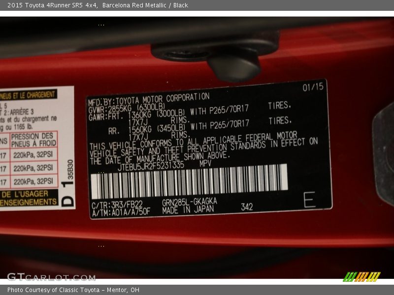Barcelona Red Metallic / Black 2015 Toyota 4Runner SR5 4x4