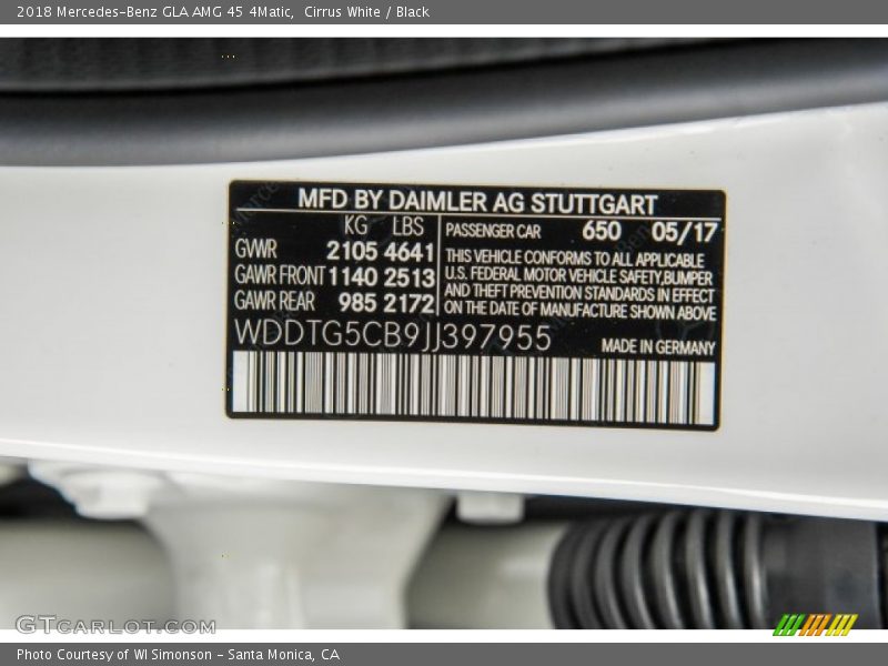 2018 GLA AMG 45 4Matic Cirrus White Color Code 650