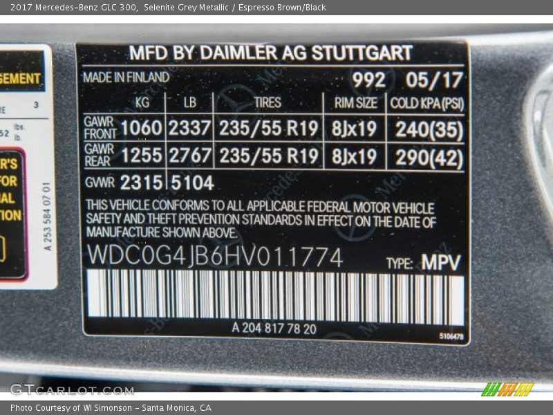 Selenite Grey Metallic / Espresso Brown/Black 2017 Mercedes-Benz GLC 300