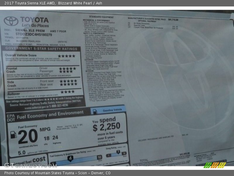 Blizzard White Pearl / Ash 2017 Toyota Sienna XLE AWD