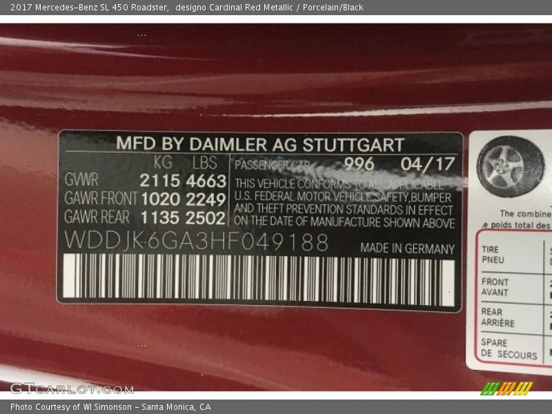 2017 SL 450 Roadster designo Cardinal Red Metallic Color Code 996