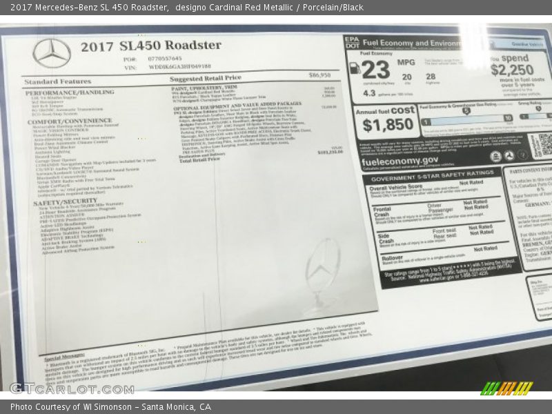  2017 SL 450 Roadster Window Sticker