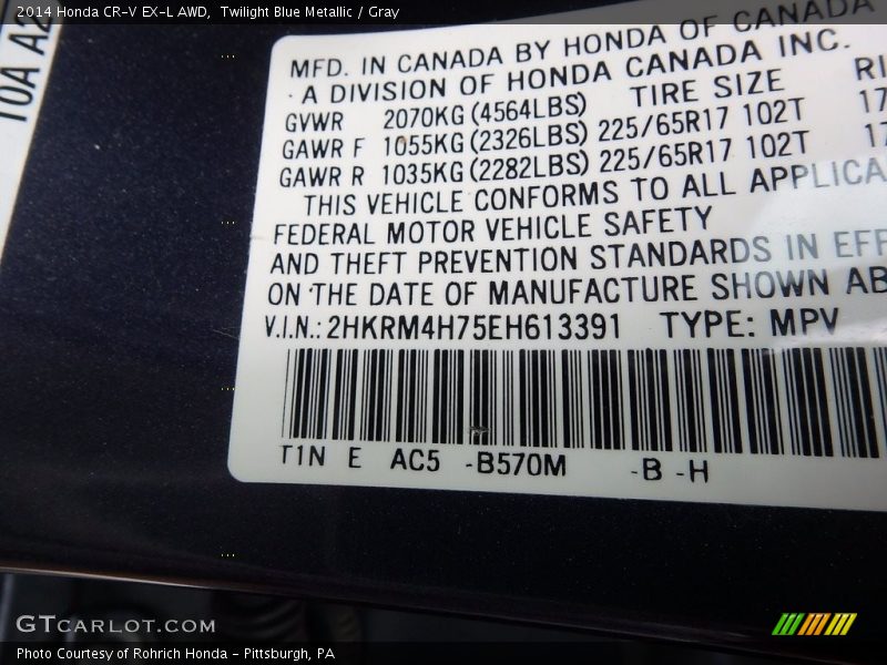 Twilight Blue Metallic / Gray 2014 Honda CR-V EX-L AWD