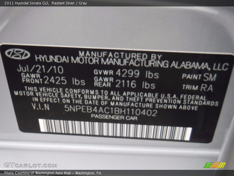 Radiant Silver / Gray 2011 Hyundai Sonata GLS