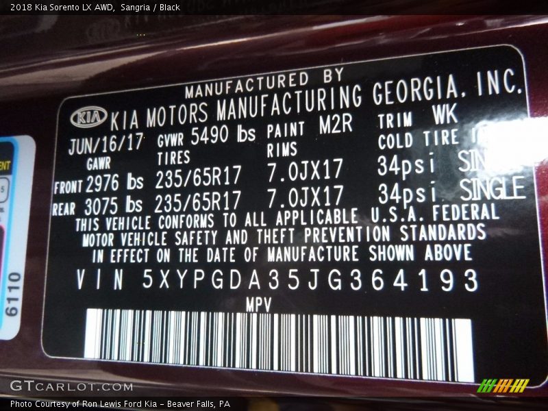 2018 Sorento LX AWD Sangria Color Code M2R