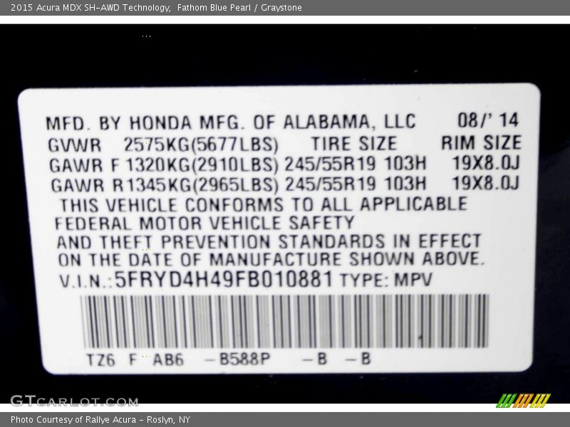 Fathom Blue Pearl / Graystone 2015 Acura MDX SH-AWD Technology