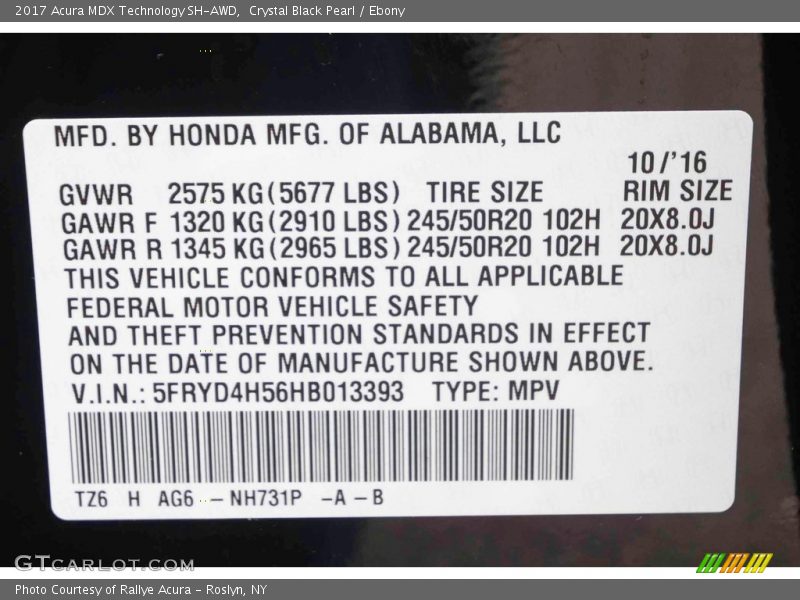 Crystal Black Pearl / Ebony 2017 Acura MDX Technology SH-AWD