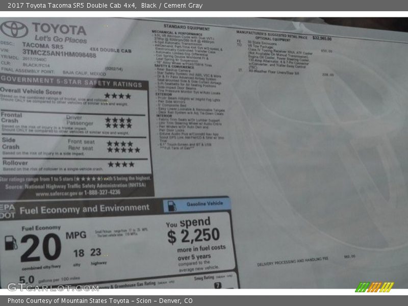 Black / Cement Gray 2017 Toyota Tacoma SR5 Double Cab 4x4