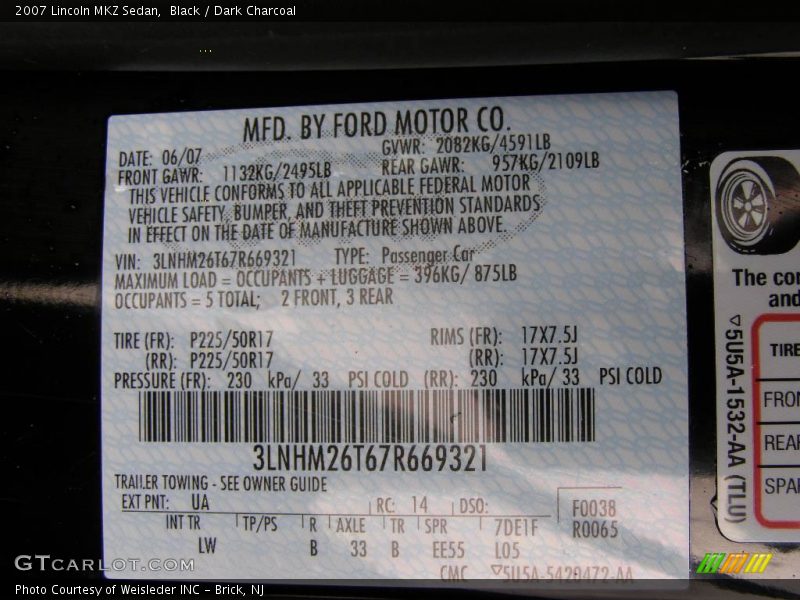 Black / Dark Charcoal 2007 Lincoln MKZ Sedan