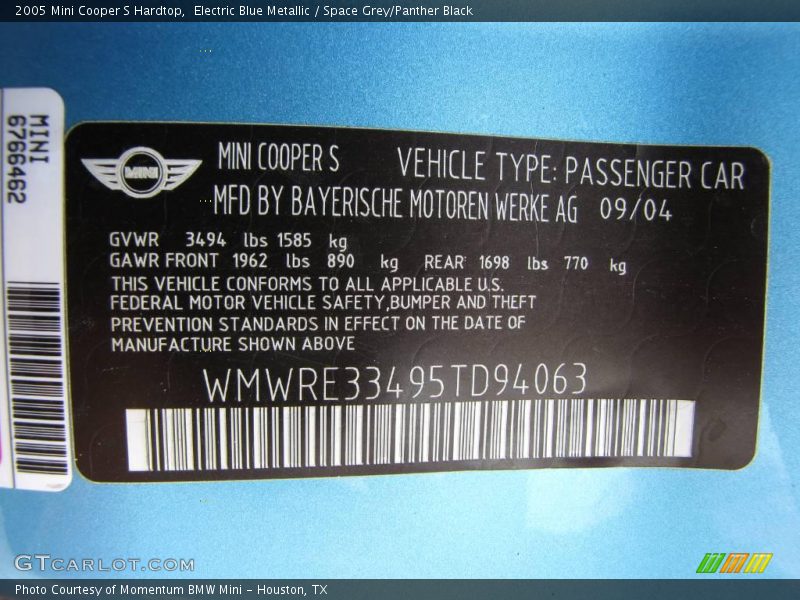 Electric Blue Metallic / Space Grey/Panther Black 2005 Mini Cooper S Hardtop