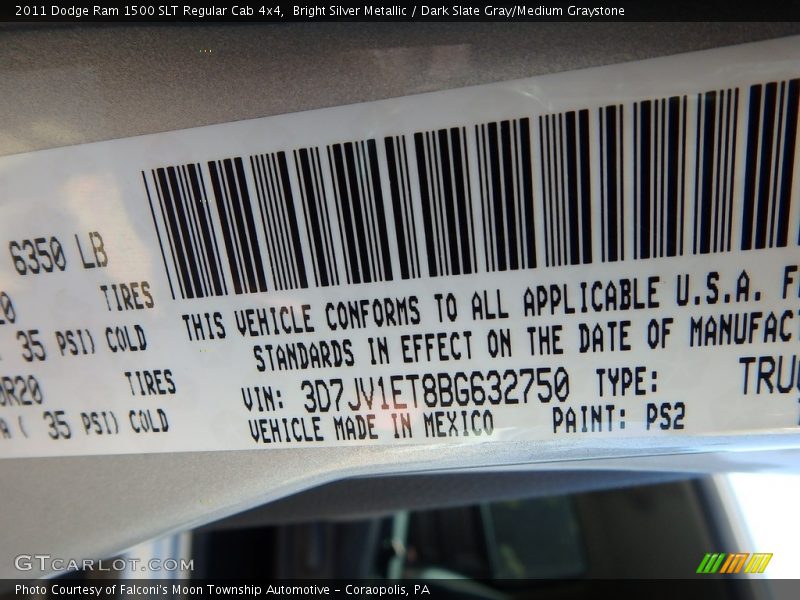 Bright Silver Metallic / Dark Slate Gray/Medium Graystone 2011 Dodge Ram 1500 SLT Regular Cab 4x4