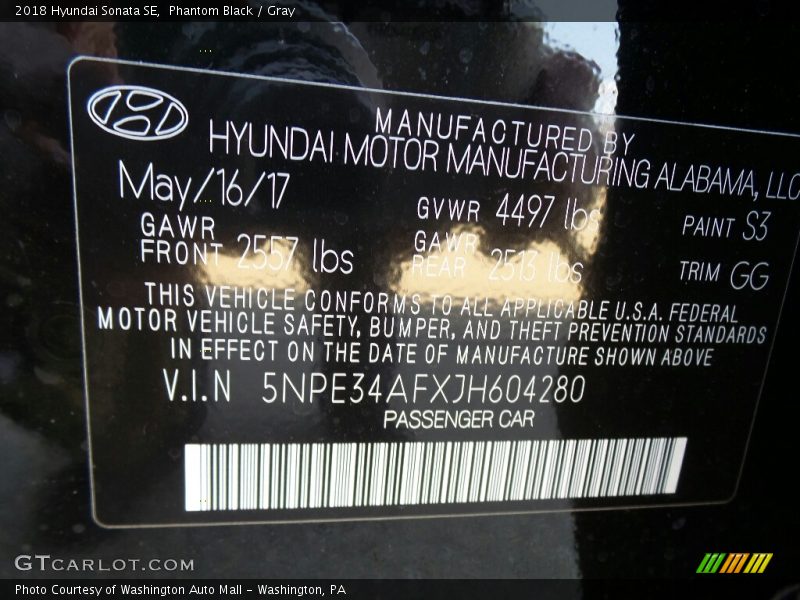 Phantom Black / Gray 2018 Hyundai Sonata SE