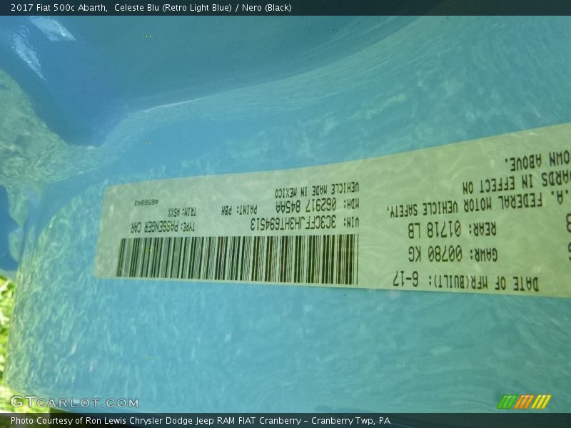2017 500c Abarth Celeste Blu (Retro Light Blue) Color Code PBH