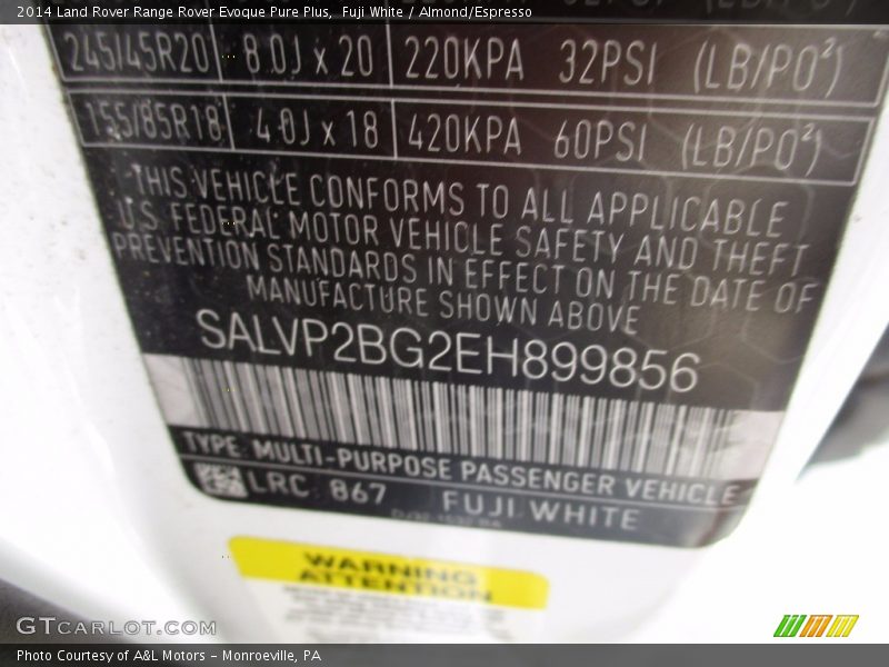 Fuji White / Almond/Espresso 2014 Land Rover Range Rover Evoque Pure Plus