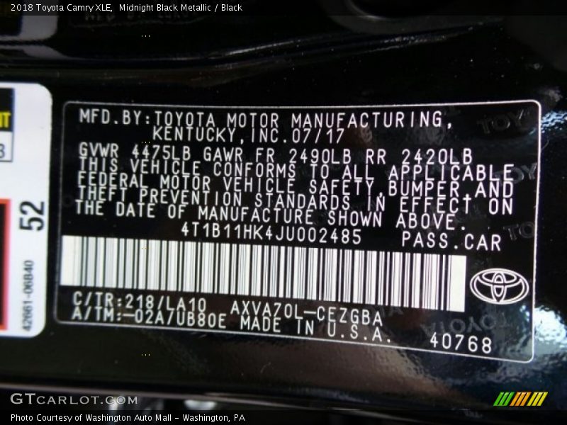 2018 Camry XLE Midnight Black Metallic Color Code 218