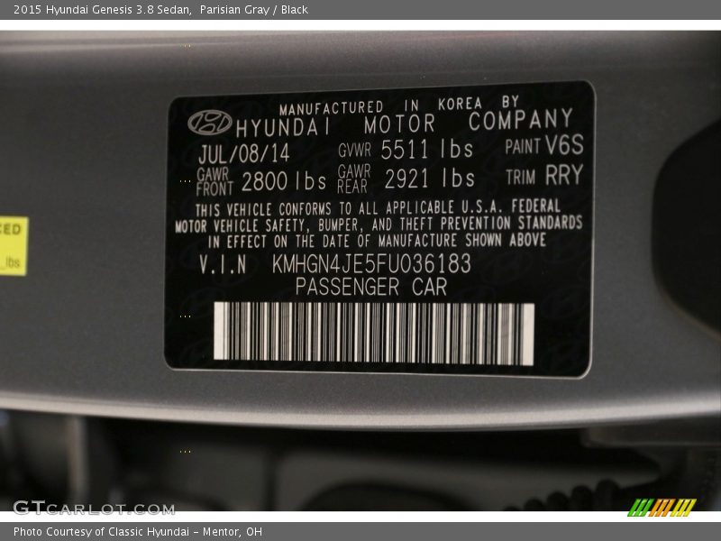 Parisian Gray / Black 2015 Hyundai Genesis 3.8 Sedan