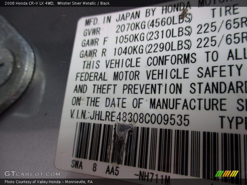 Whistler Silver Metallic / Black 2008 Honda CR-V LX 4WD