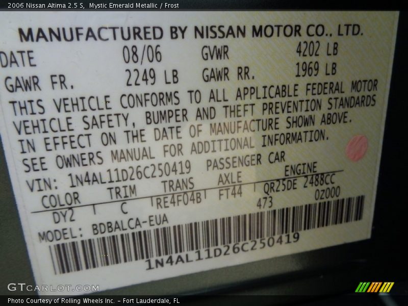 Mystic Emerald Metallic / Frost 2006 Nissan Altima 2.5 S