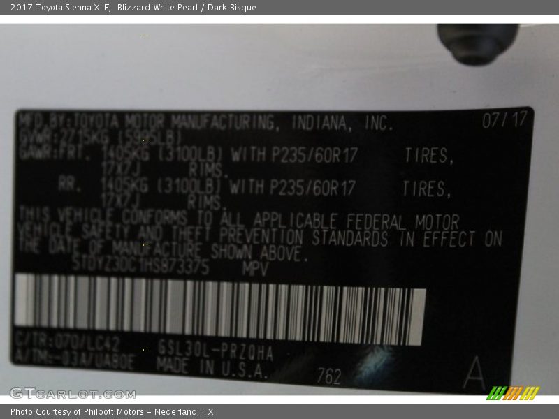 Blizzard White Pearl / Dark Bisque 2017 Toyota Sienna XLE