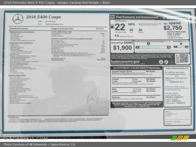  2018 E 400 Coupe Window Sticker