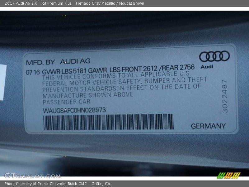 Tornado Gray Metallic / Nougat Brown 2017 Audi A6 2.0 TFSI Premium Plus