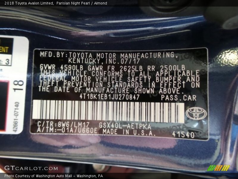 Parisian Night Pearl / Almond 2018 Toyota Avalon Limited