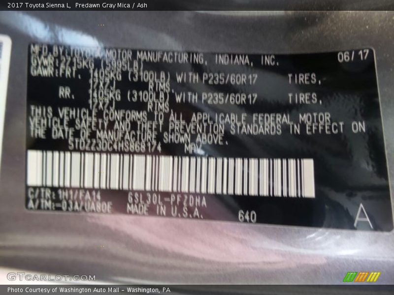 Predawn Gray Mica / Ash 2017 Toyota Sienna L