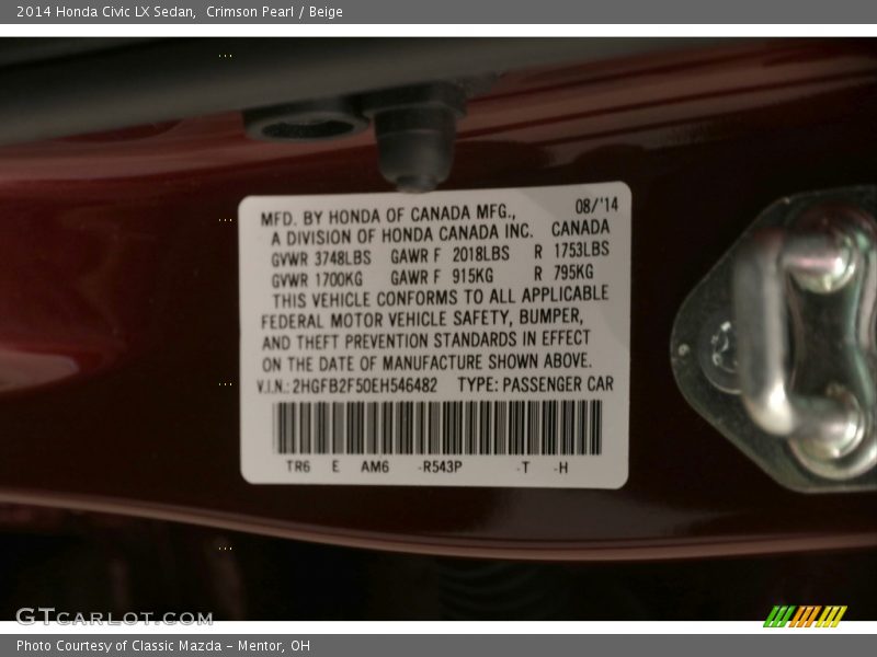 Crimson Pearl / Beige 2014 Honda Civic LX Sedan