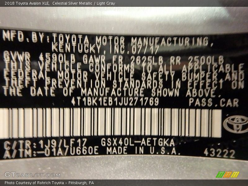 Celestial Silver Metallic / Light Gray 2018 Toyota Avalon XLE